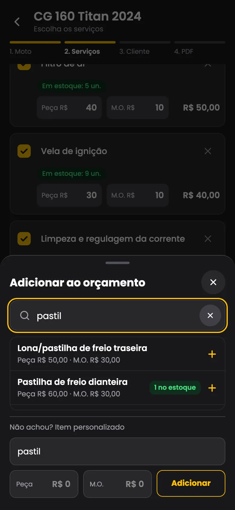 Busca de peça para adicionar ao orçamento