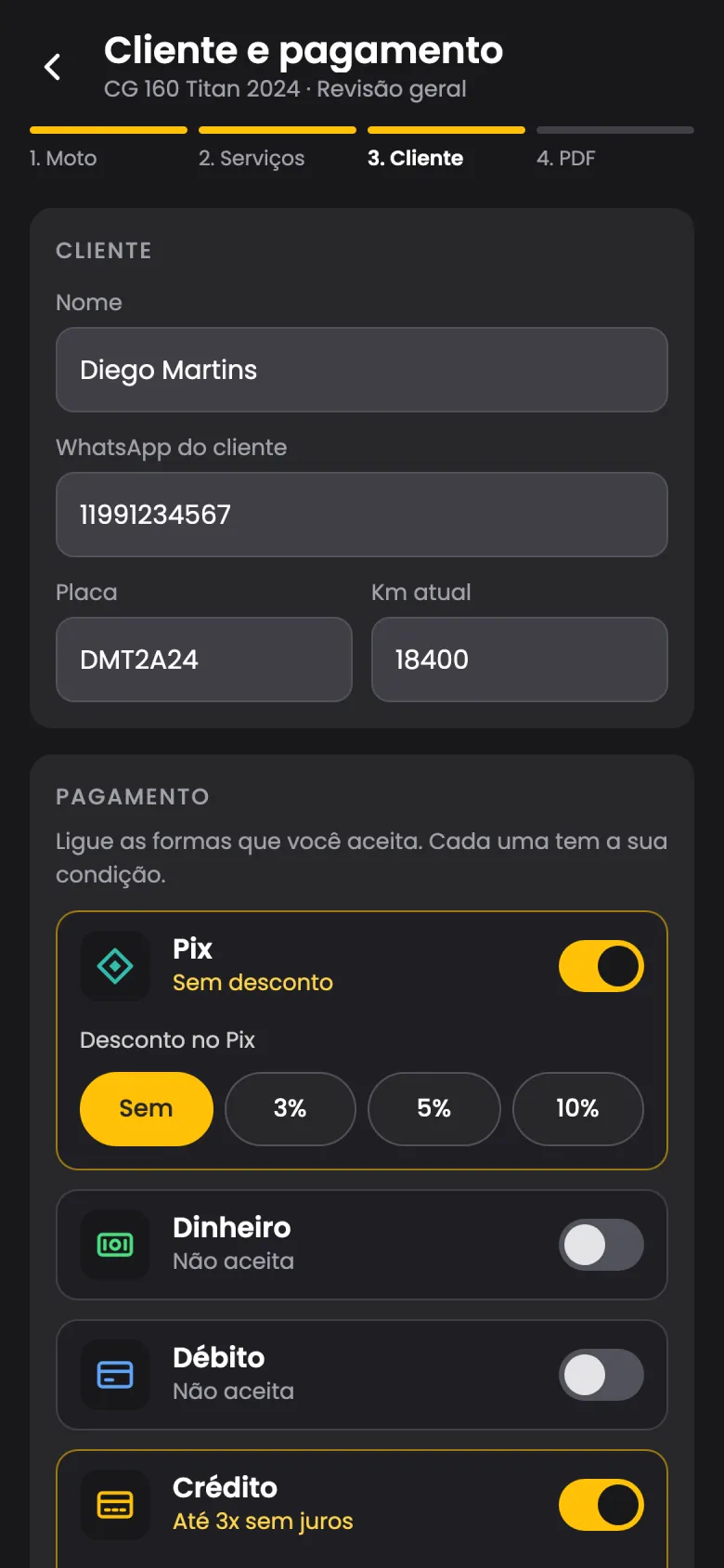 Dados do cliente, formas de pagamento e previsão de entrega