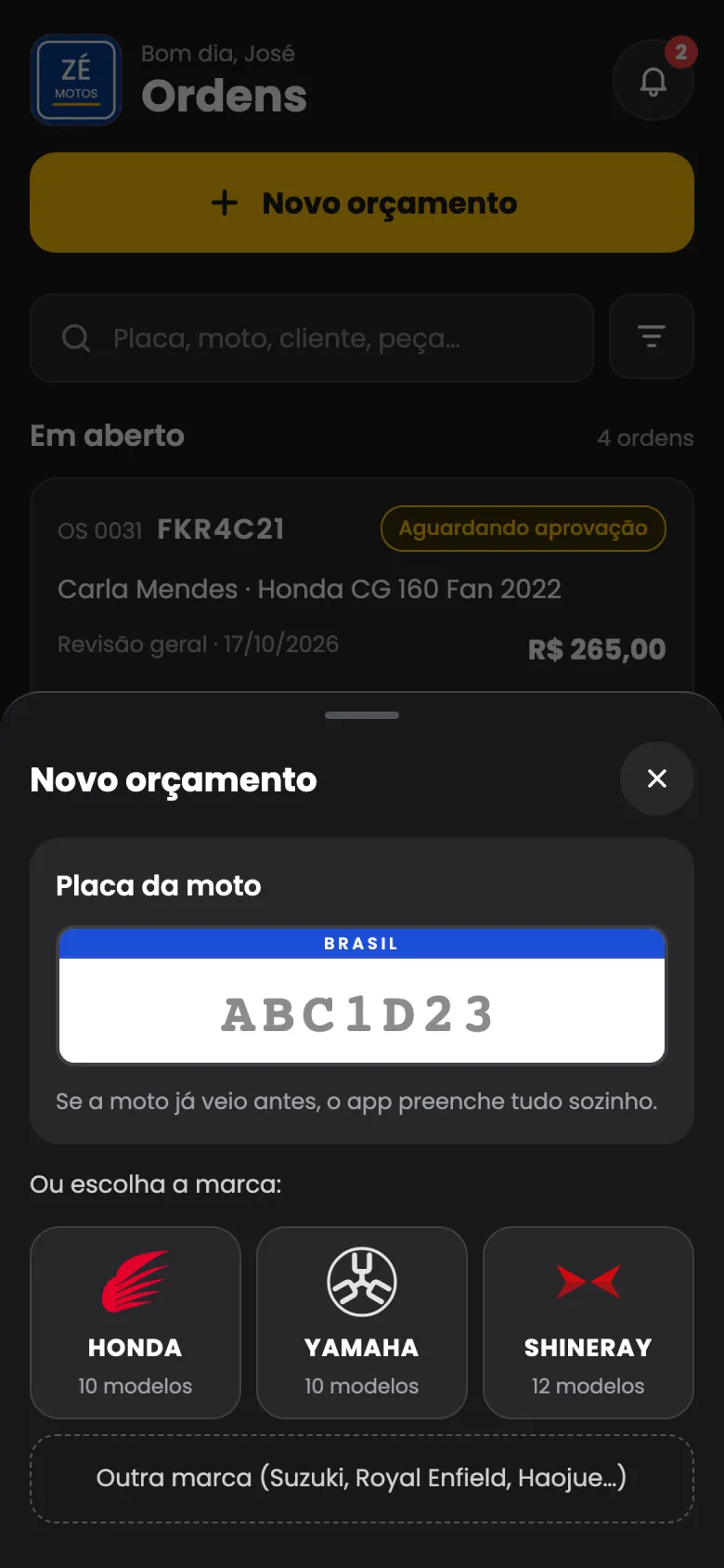 Novo orçamento: digite a placa ou escolha a marca