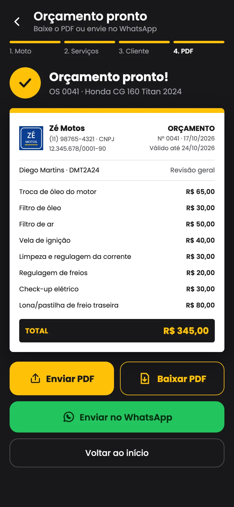 Orçamento pronto, com botões para enviar o PDF e mandar no WhatsApp