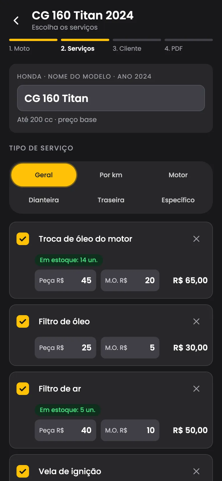 Escolha dos serviços com peça e mão de obra