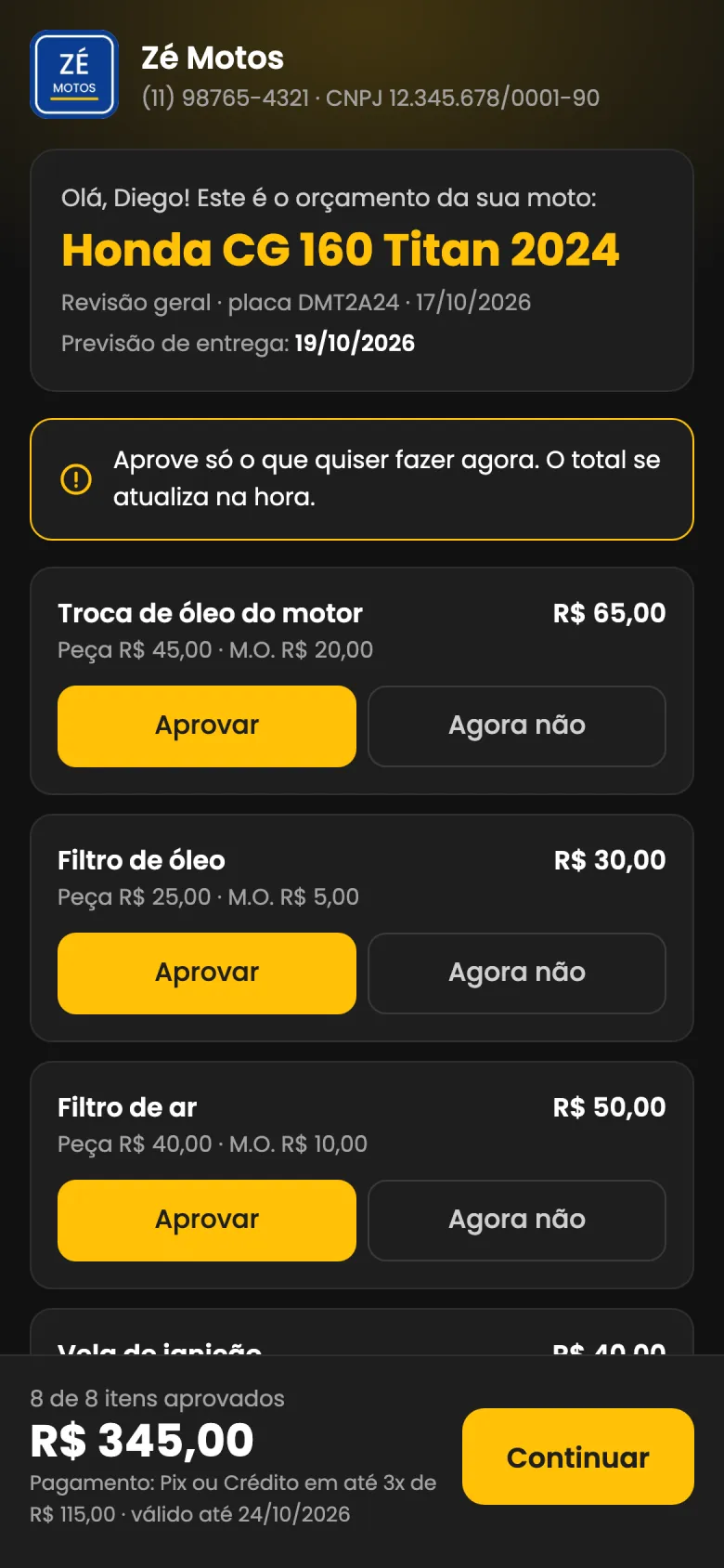No celular do cliente: a página para aprovar o orçamento item por item