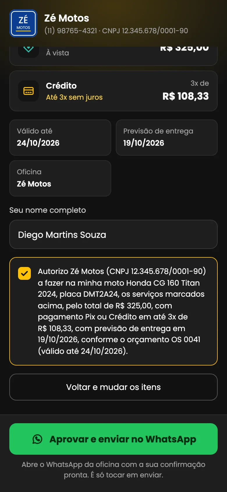 Cliente confirma com o nome completo e a autorização, e envia a confirmação pelo WhatsApp