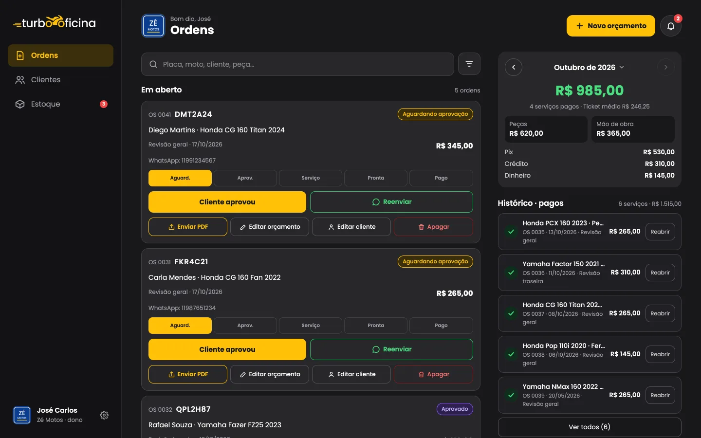 Turbo Oficina no computador: ordens em aberto, resumo do mês e histórico de pagos